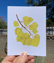 Load image into Gallery viewer, Greeting card with a watercolor Quaking Aspen tree branch on the front, showing the signature golden yellow leaves