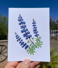 Load image into Gallery viewer, Greeting card with a watercolor Palmer&#39;s lupine on the front, showing purple/blue flowers and green leaves
