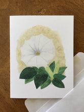 Load image into Gallery viewer, Sacred datura watercolor design by Brushes and Boots on an A2 greeting card
