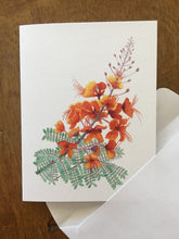 Load image into Gallery viewer, Image shows a single card in the Red Bird of Paradise design and the white envelope that comes with it.
