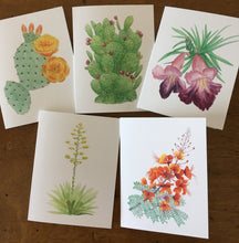 Load image into Gallery viewer, Image shows five card designs: prickly pear with a yellow-orange bloom, prickly pear with fruit, an agave plant with yellow blooms, a desert willow tree bloom, and a red bird of paradise bloom.