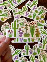 Load image into Gallery viewer, Hand holding a sticker with cacti and succulents design, surrounded by more stickers on a wooden surface.