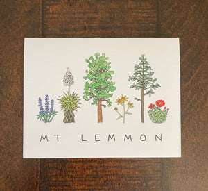 Watercolor illustrated plants on a white card with 'MT LEMMON' text, placed on a wooden surface.