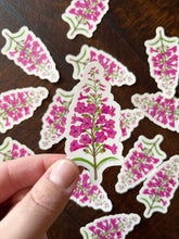 Load image into Gallery viewer, A hand holding a pink penstemon sticker with more stickers in the background on a dark wood table.