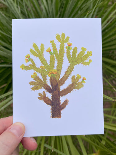 A hand holding a white card with a watercolor illustration of a teddy bear cholla with yellow/orange flowers, with a greenery background