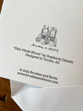 Load image into Gallery viewer, Back of card with the text &quot;Palo Verde Bloom&quot; by Stephanie Daniels, Designed in Tucson, AZ