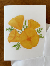 Load image into Gallery viewer, a white card with a watercolor illustration of 4 orange poppy flowers with green leaves,