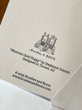 Load image into Gallery viewer, Back of card with the text &quot;Mexican Gold Poppy&quot; by Stephanie Daniels, Designed in Tucson, AZ