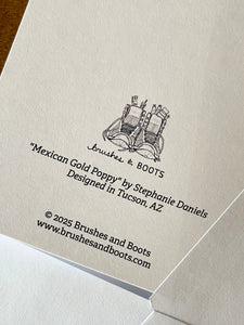 Back of card with the text "Mexican Gold Poppy" by Stephanie Daniels, Designed in Tucson, AZ