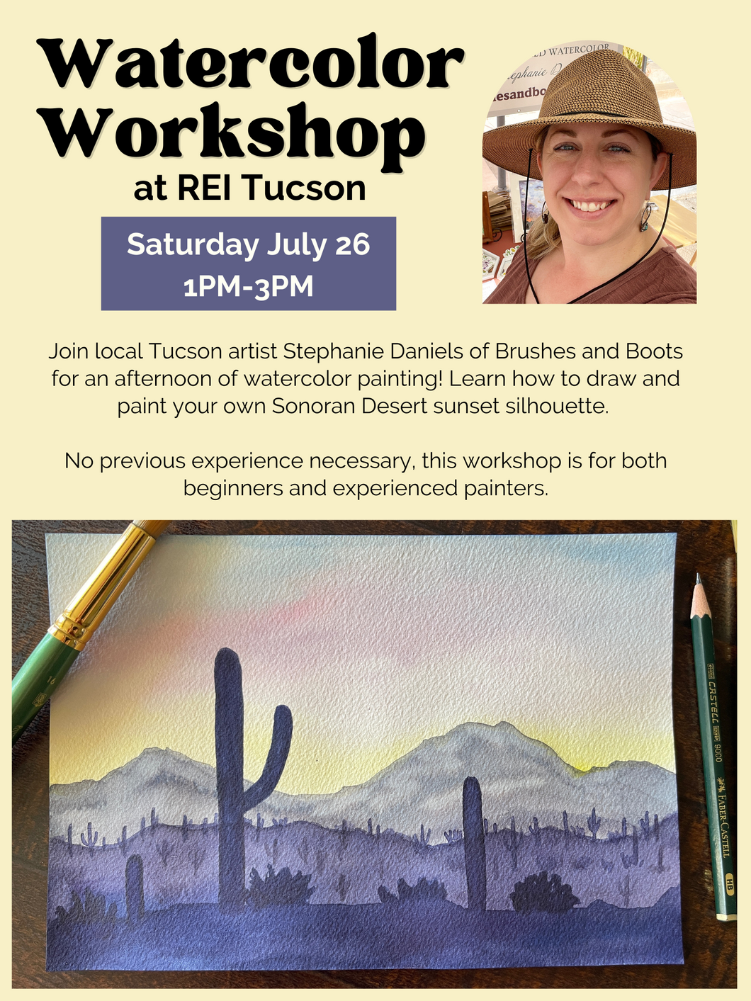 Advertisement for a watercolor workshop at REI Tucson featuring a woman, date, time, and a watercolor painting of a desert scene.