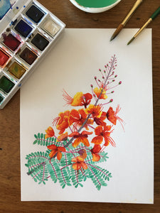 Image shows the original "Red Bird of Paradise" watercolor painting by Stephanie Daniels.