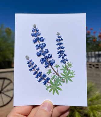 Greeting card with a watercolor Palmer's lupine on the front, showing purple/blue flowers and green leaves