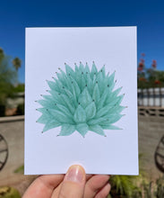 Load image into Gallery viewer, Greeting card with a watercolor Palmer&#39;s agave on the front, with silver/green leaves that come to a point