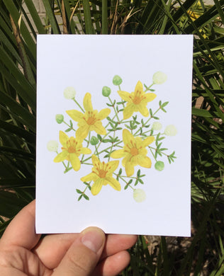 A2 greeting card with a watercolor yellow creosote bush by Brushes and Boots